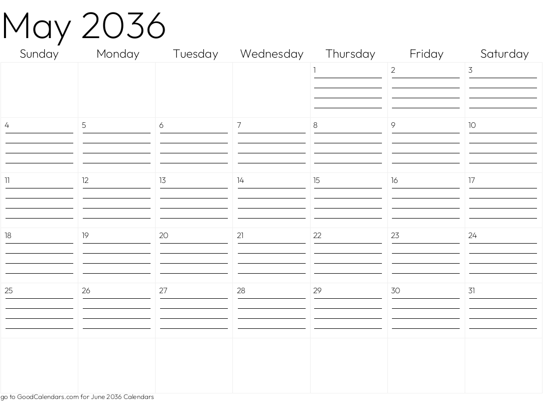 Lined May 2036 Calendar Template in Landscape