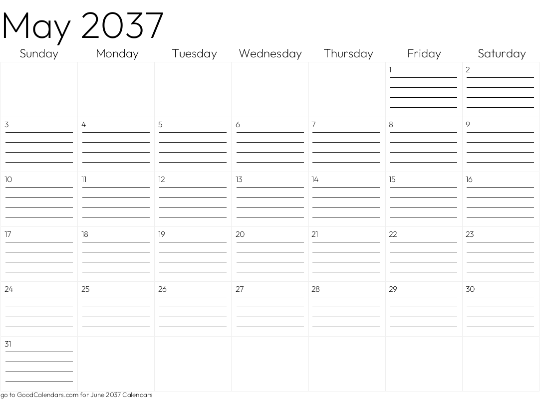 Lined May 2037 Calendar Template in Landscape