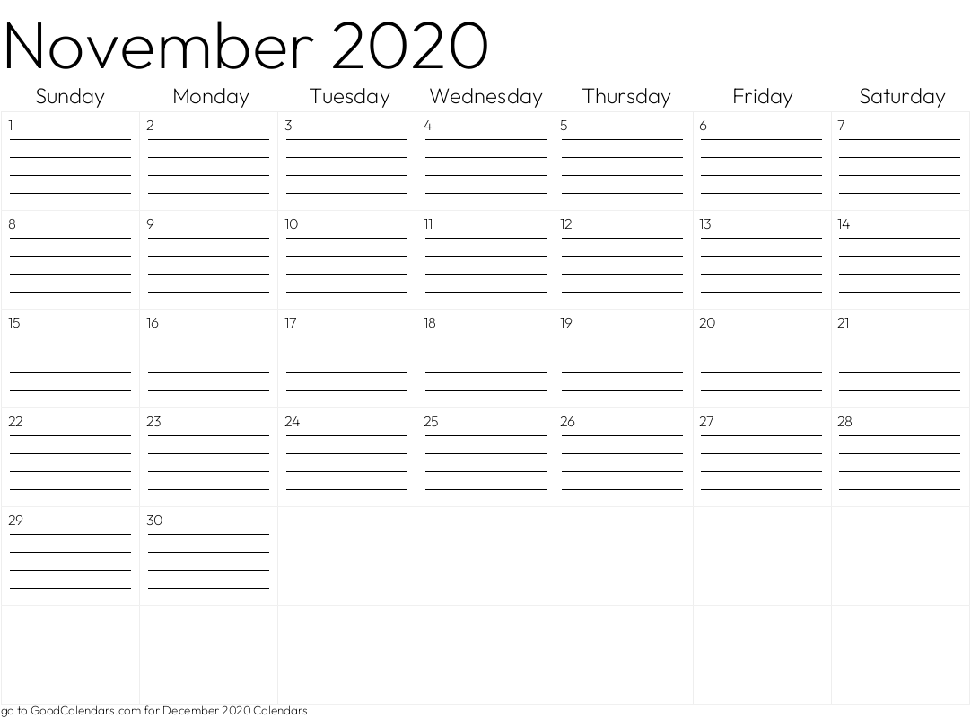 Lined November 2020 Calendar Template in Landscape