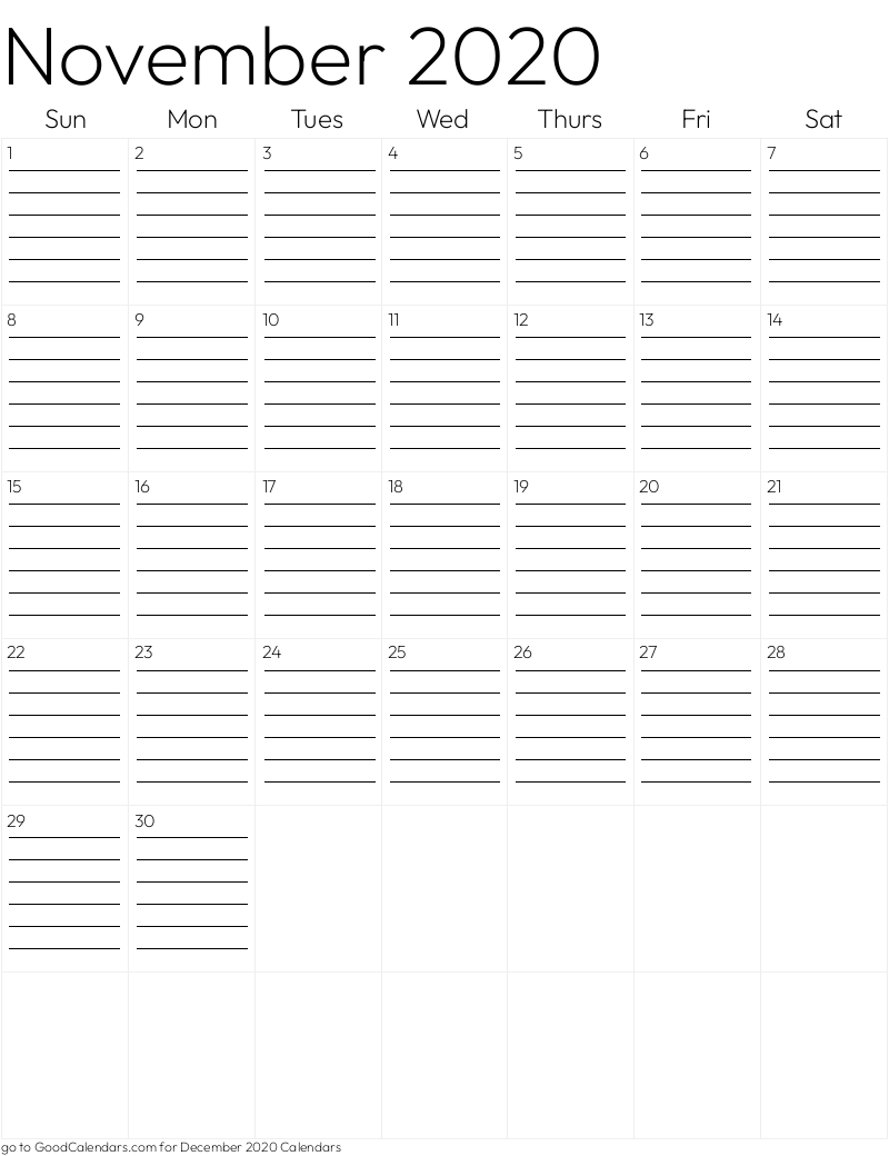 Lined November 2020 Calendar Template in Portrait