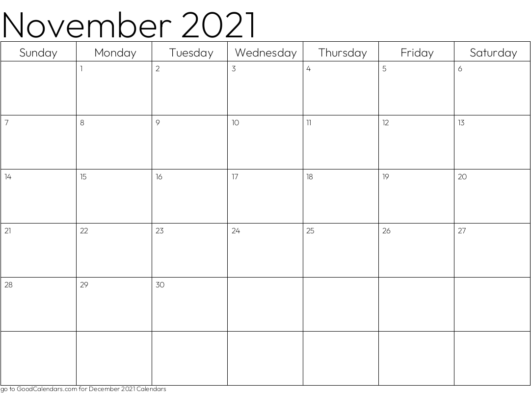 Standard November 2021 Calendar Template in Landscape