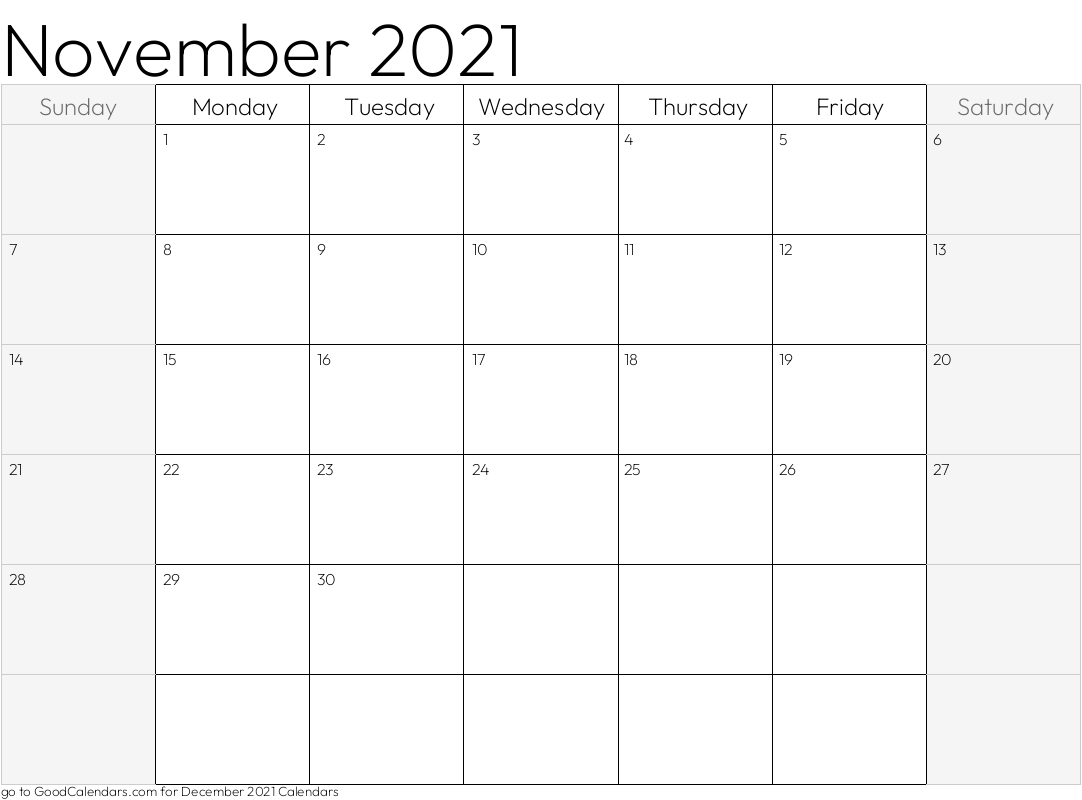 Shaded Weekends November 2021 Calendar Template in Landscape