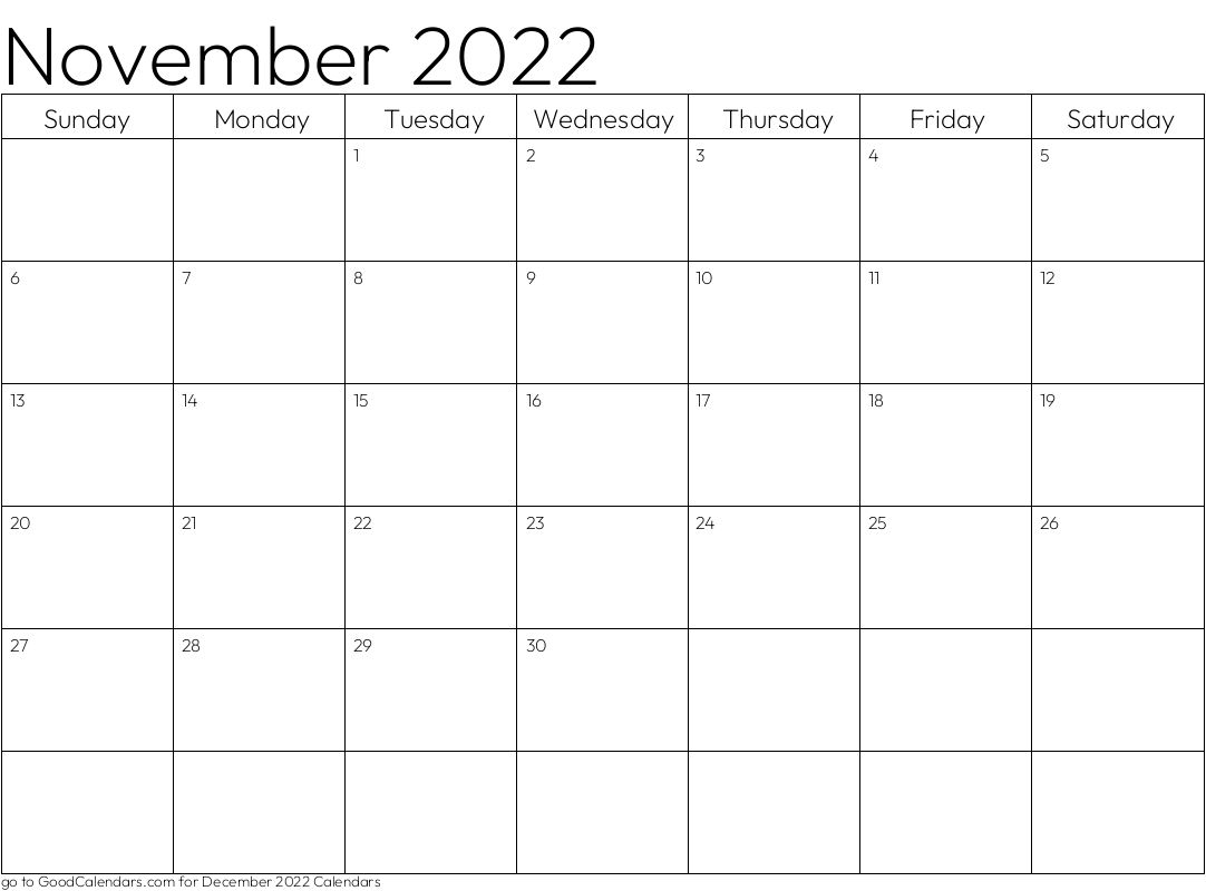 Standard November 2022 Calendar Template in Landscape