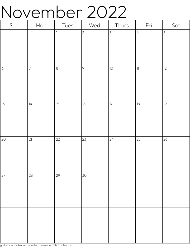 Standard November 2022 Calendar Template in Portrait