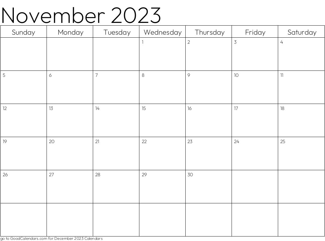 November 2023 Standard Calendar
