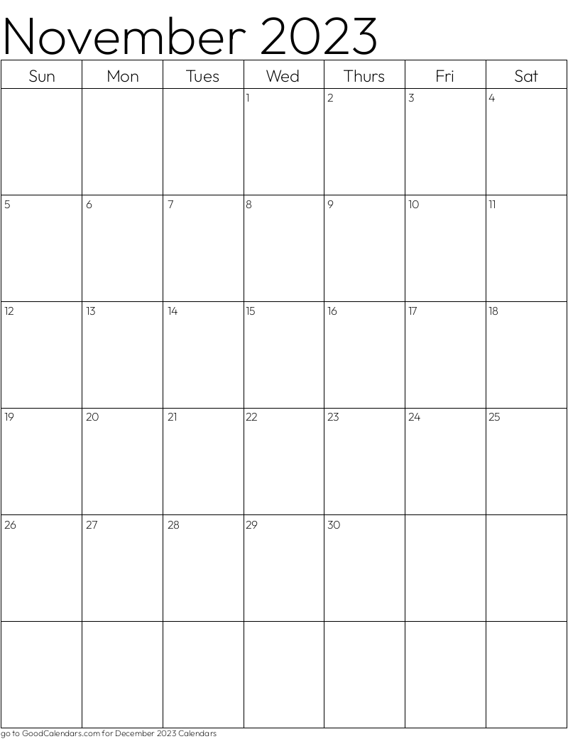 Standard November 2023 Calendar Template in Portrait