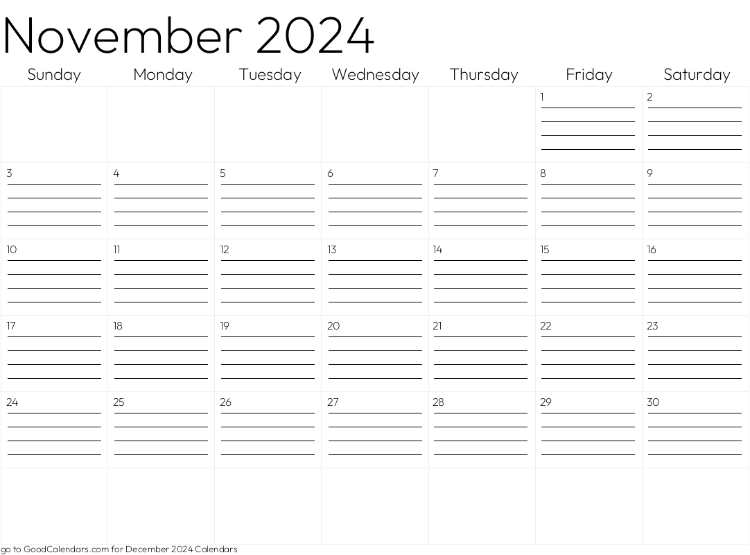 Lined November 2024 Calendar Template in Landscape