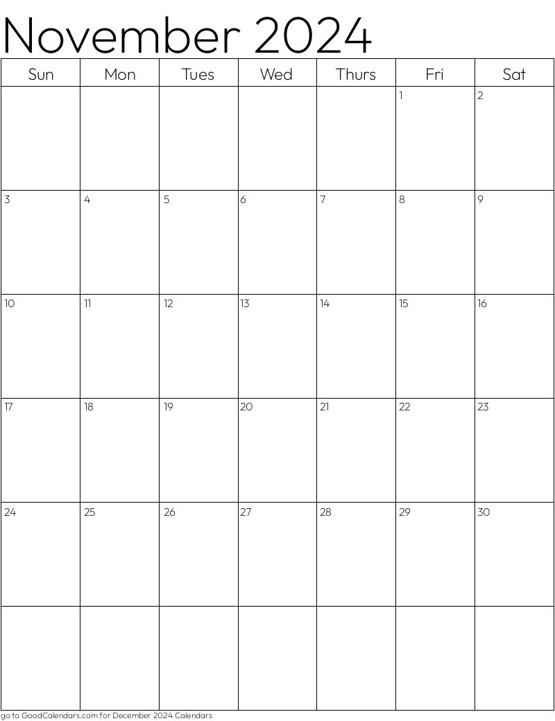 Standard November 2024 Calendar Template in Portrait