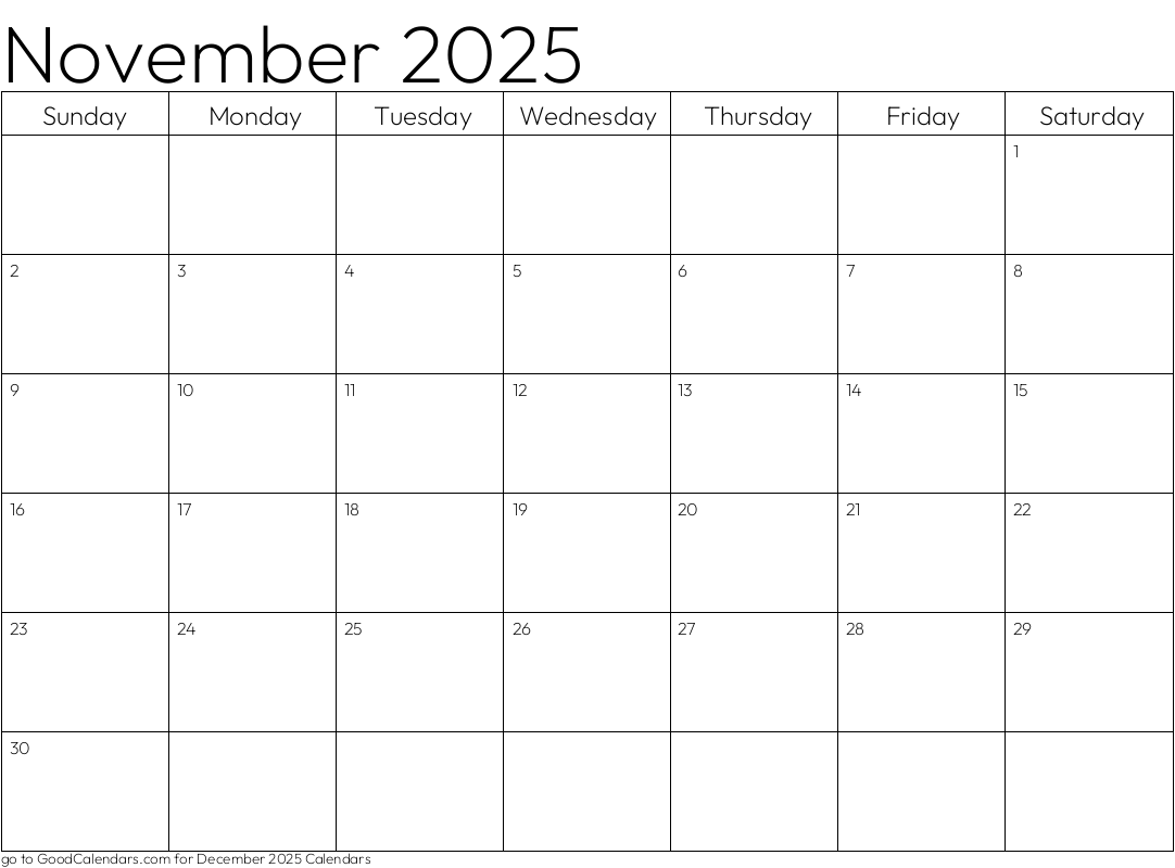 Standard November 2025 Calendar Template in Landscape