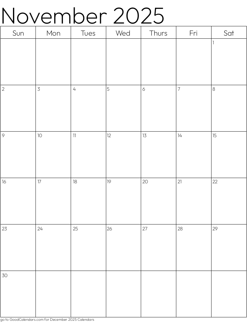 Standard November 2025 Calendar Template in Portrait