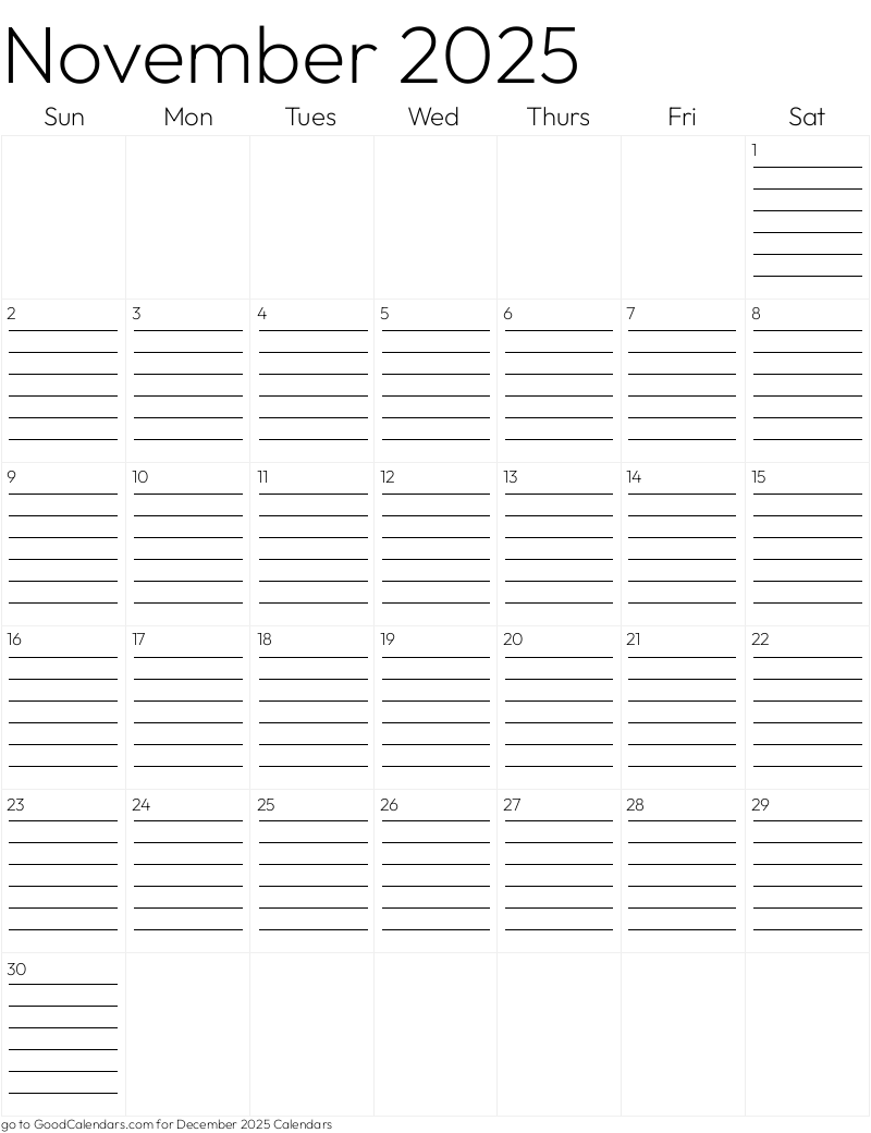 Lined November 2025 Calendar Template in Portrait