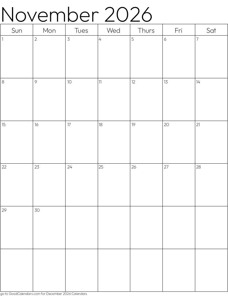 Standard November 2026 Calendar Template In Portrait