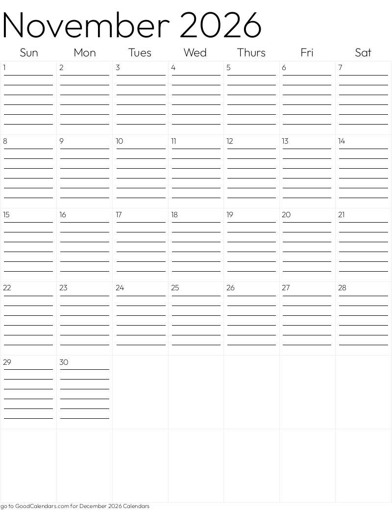 Lined November 2026 Calendar Template in Portrait