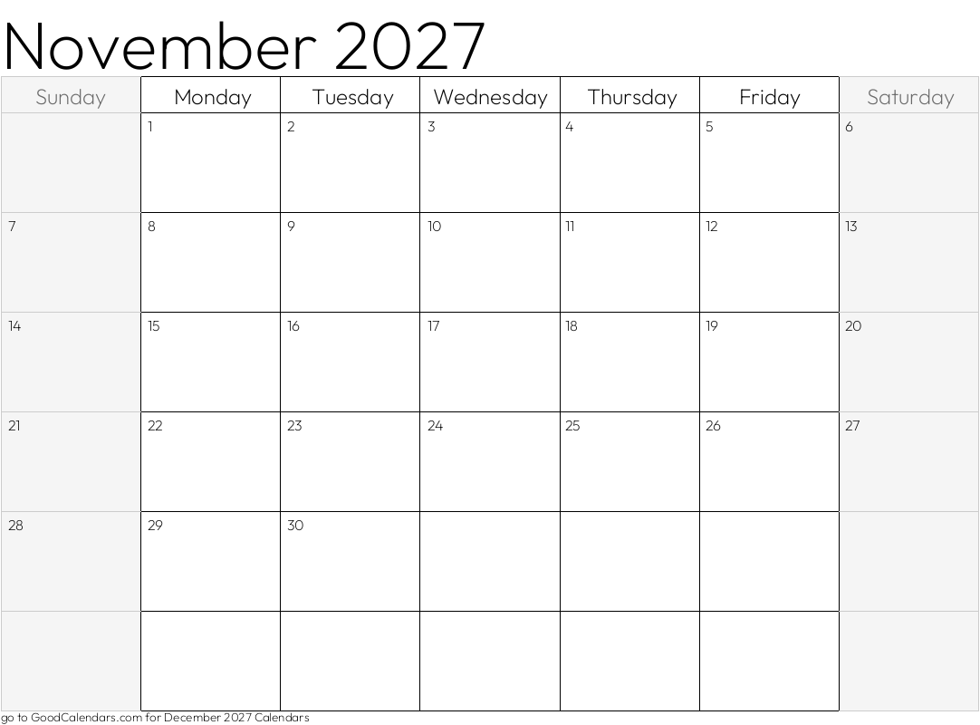 Shaded Weekends November 2027 Calendar Template in Landscape