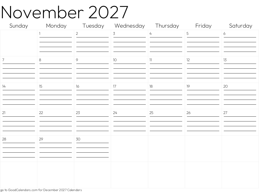 Lined November 2027 Calendar Template in Landscape