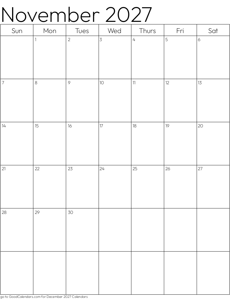 Standard November 2027 Calendar Template in Portrait