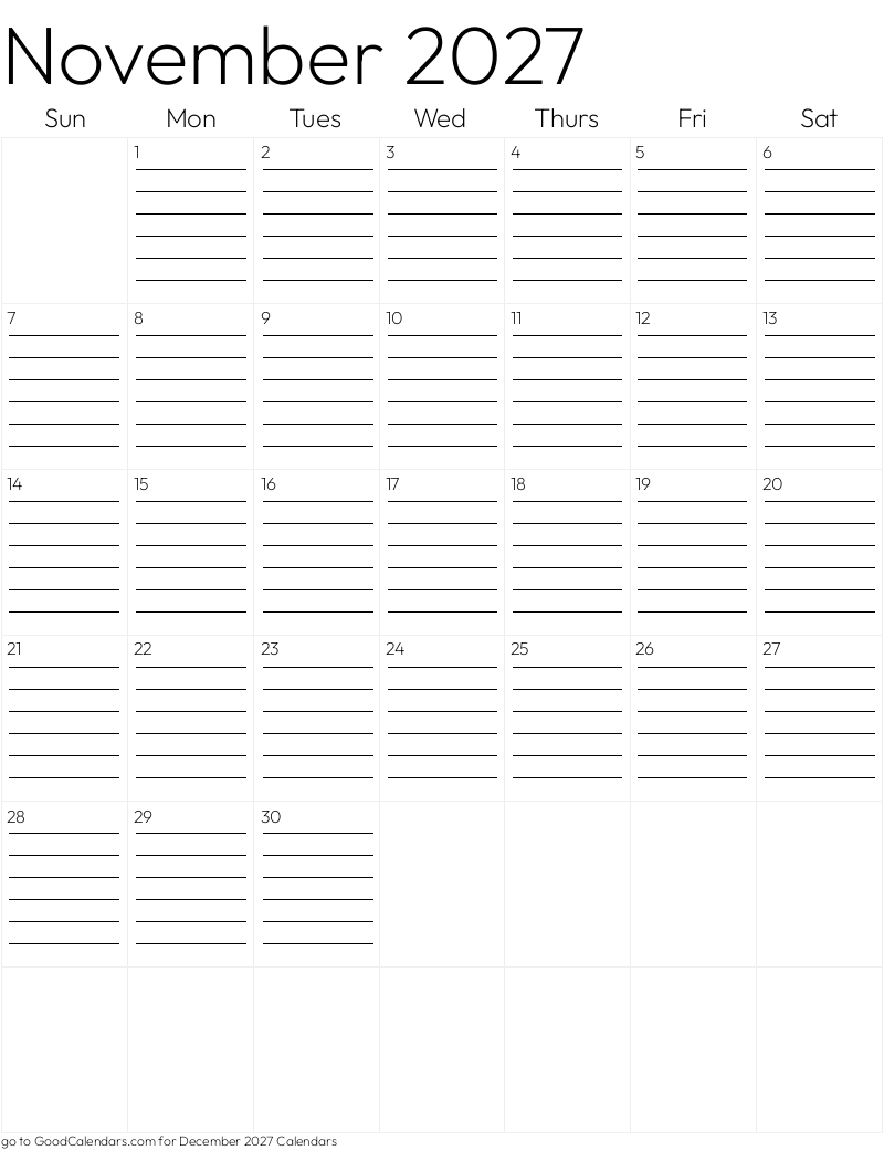 Lined November 2027 Calendar Template in Portrait