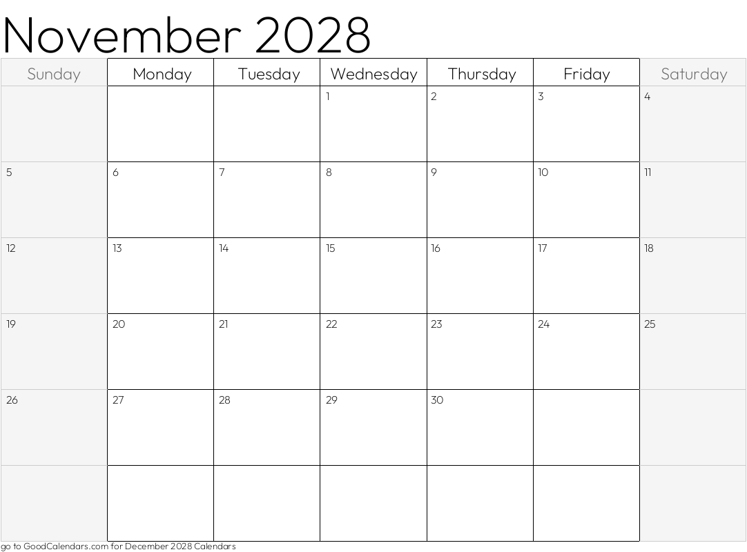 Shaded Weekends November 2028 Calendar Template in Landscape