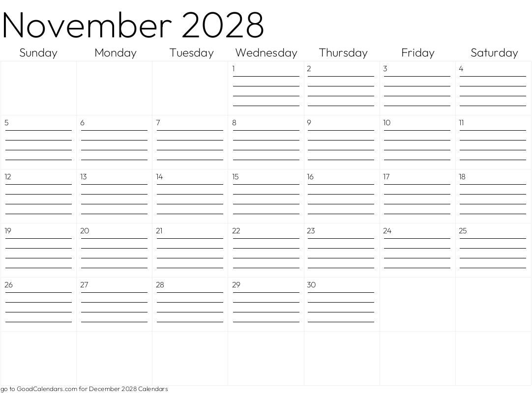 Lined November 2028 Calendar