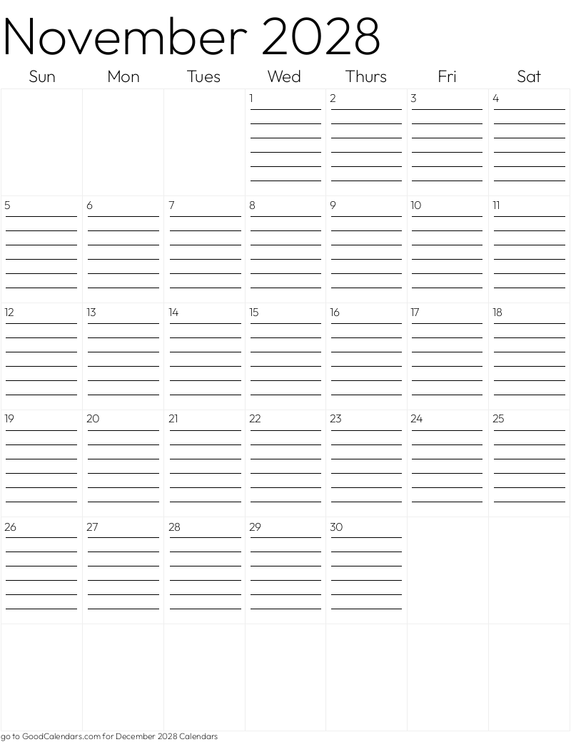 Lined November 2028 Calendar Template in Portrait