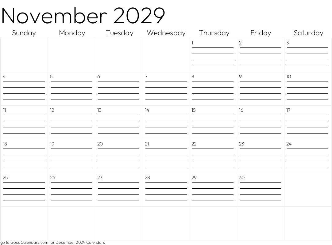 Lined November 2029 Calendar Template in Landscape