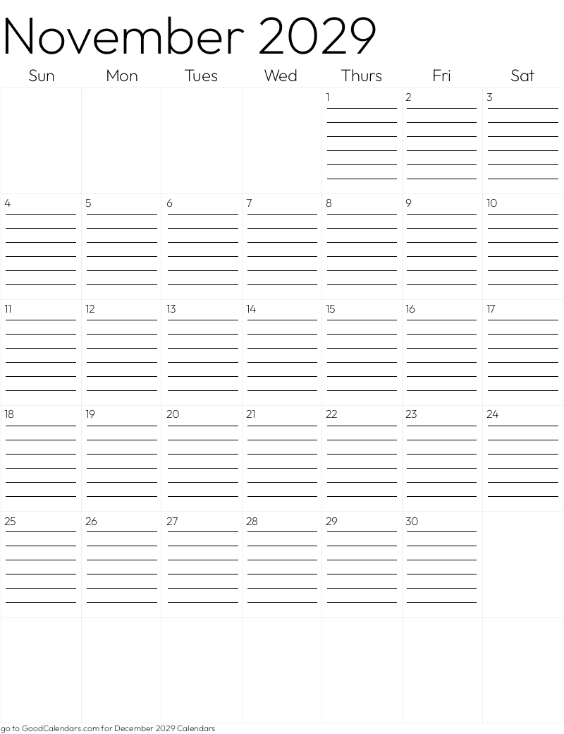 Lined November 2029 Calendar Template in Portrait