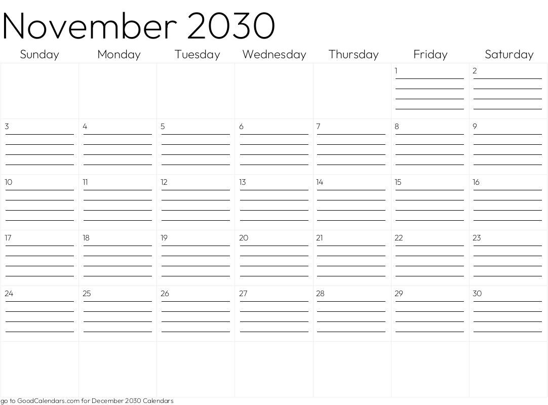 Lined November 2030 Calendar Template in Landscape