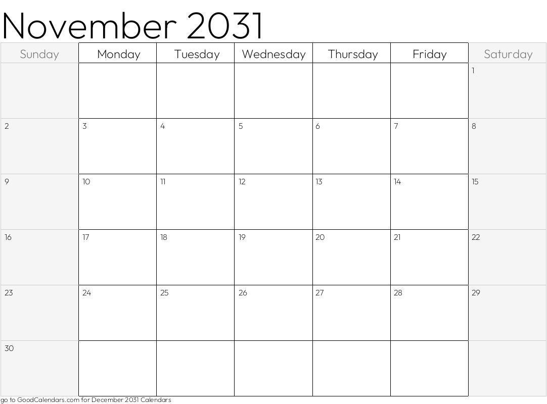 Shaded Weekends November 2031 Calendar Template in Landscape