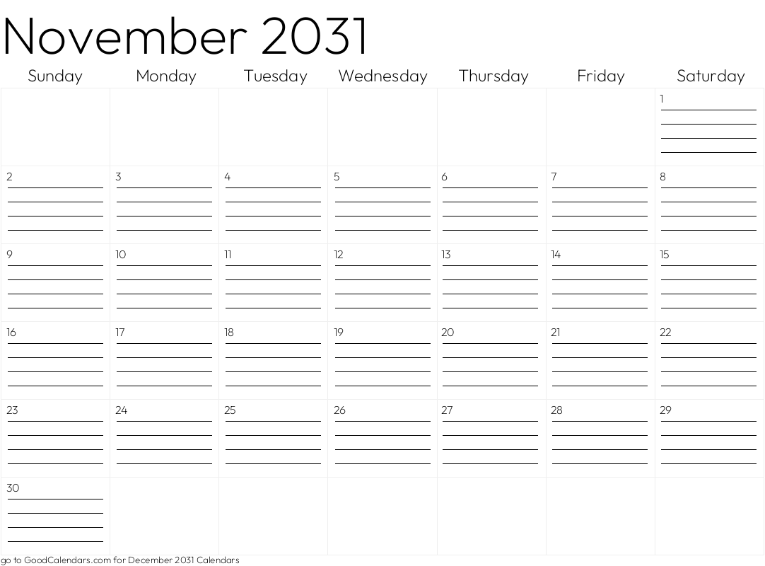 Lined November 2031 Calendar Template in Landscape