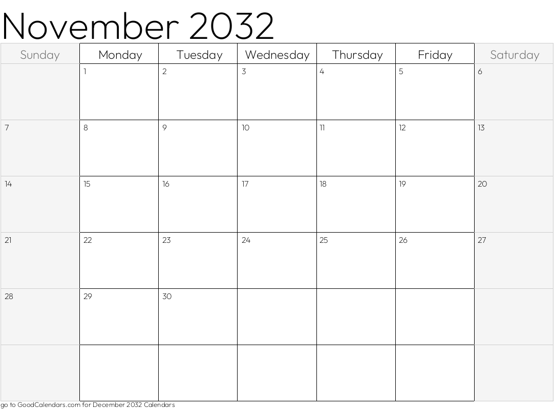 Shaded Weekends November 2032 Calendar Template in Landscape