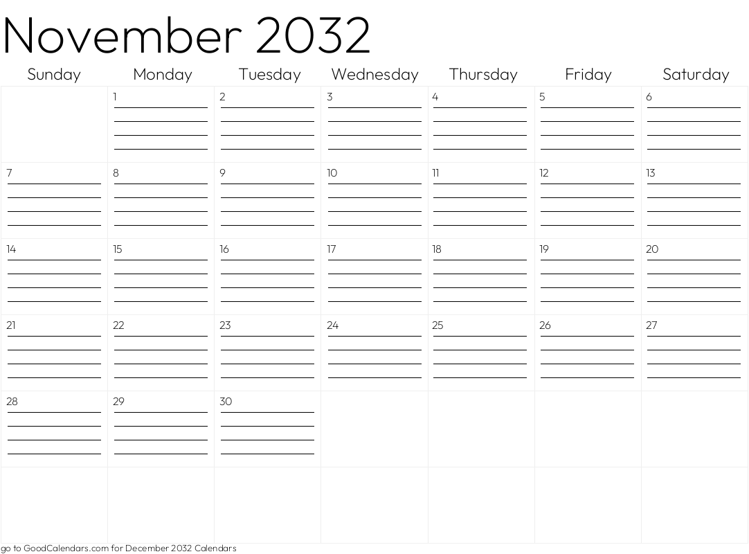 Lined November 2032 Calendar Template in Landscape