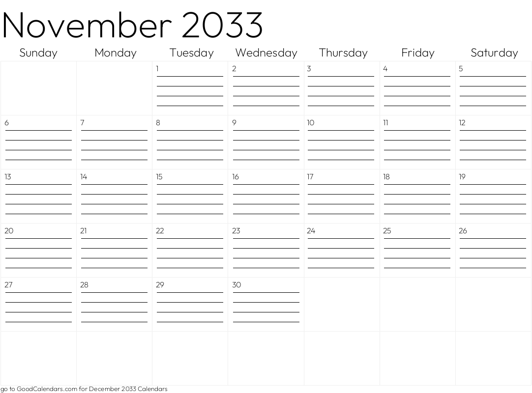 Lined November 2033 Calendar Template in Landscape