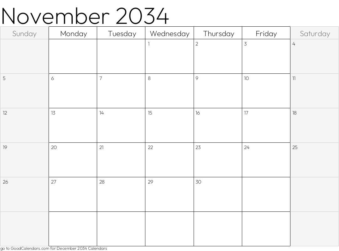 November 2034 Calendar with shaded weekends