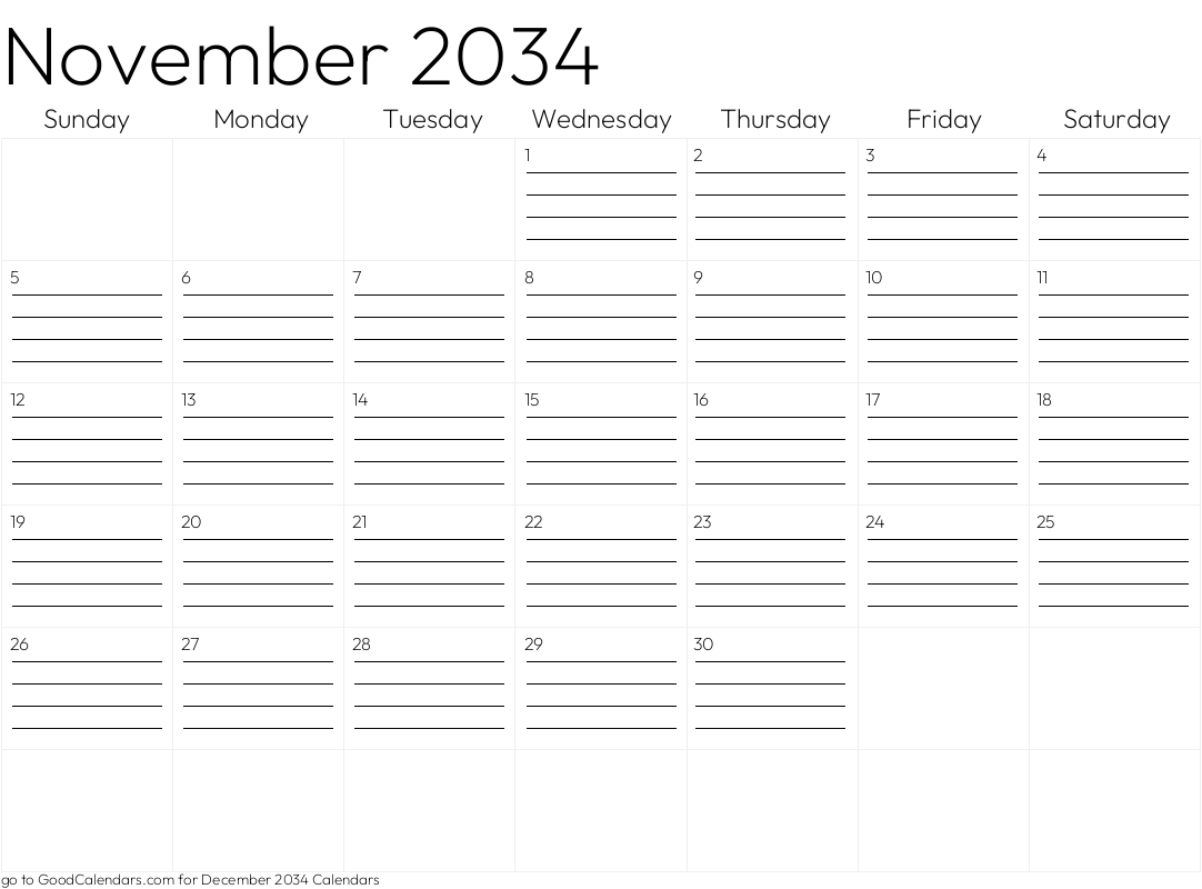 Lined November 2034 Calendar Template in Landscape