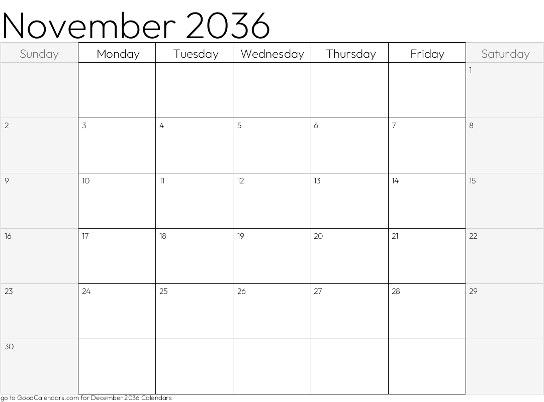 Shaded Weekends November 2036 Calendar Template in Landscape