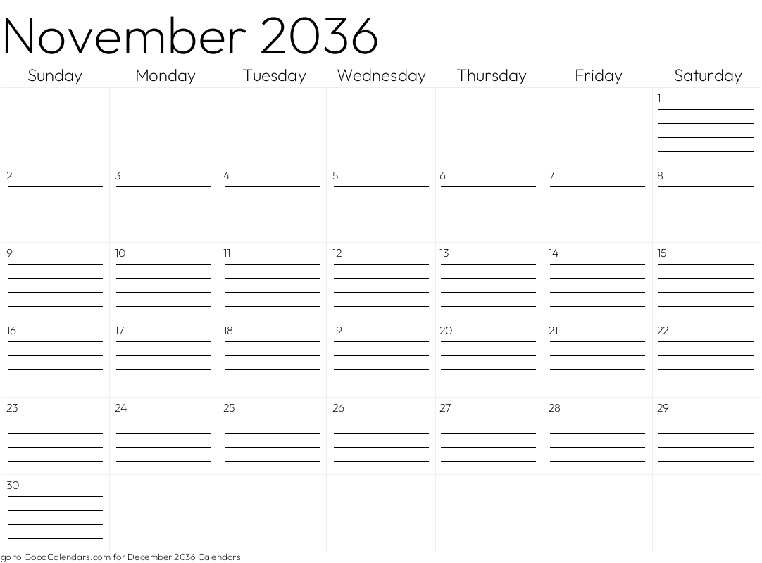 Lined November 2036 Calendar Template in Landscape