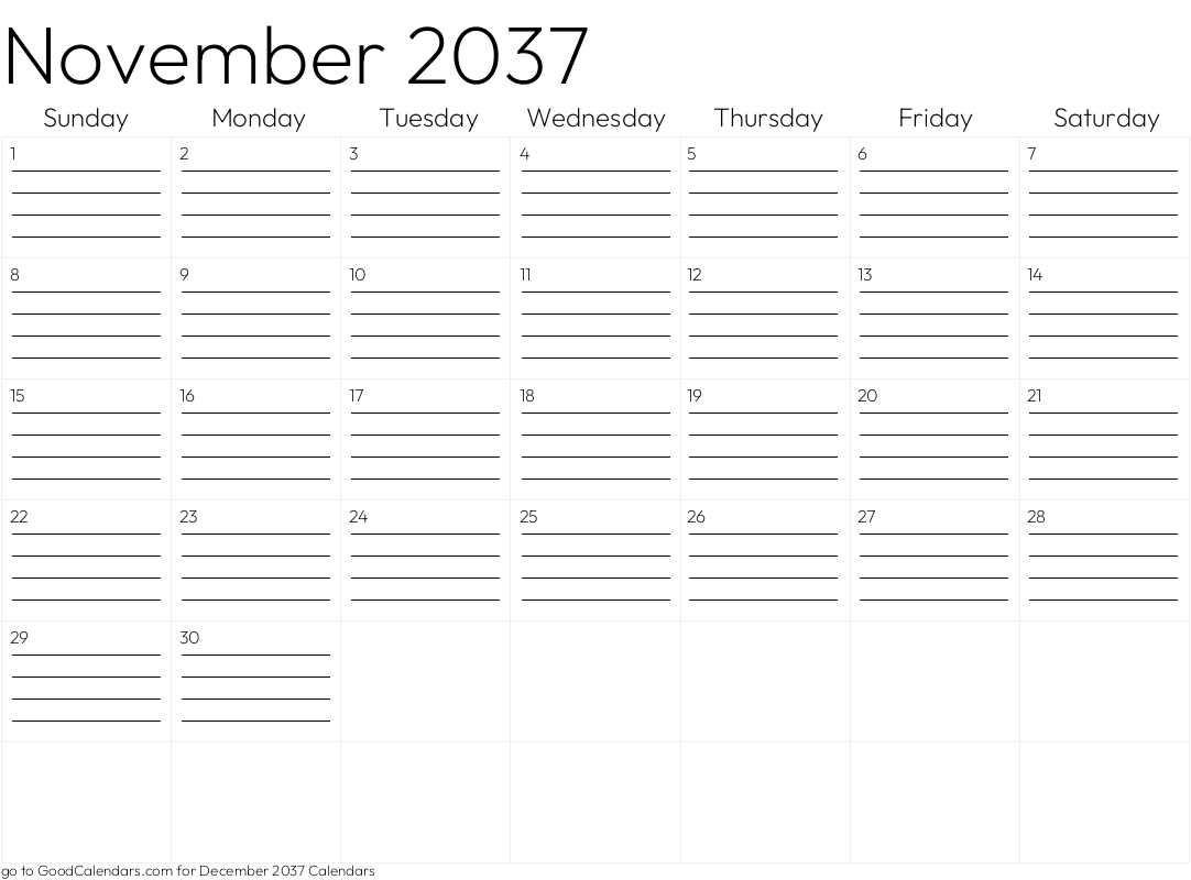 Lined November 2037 Calendar