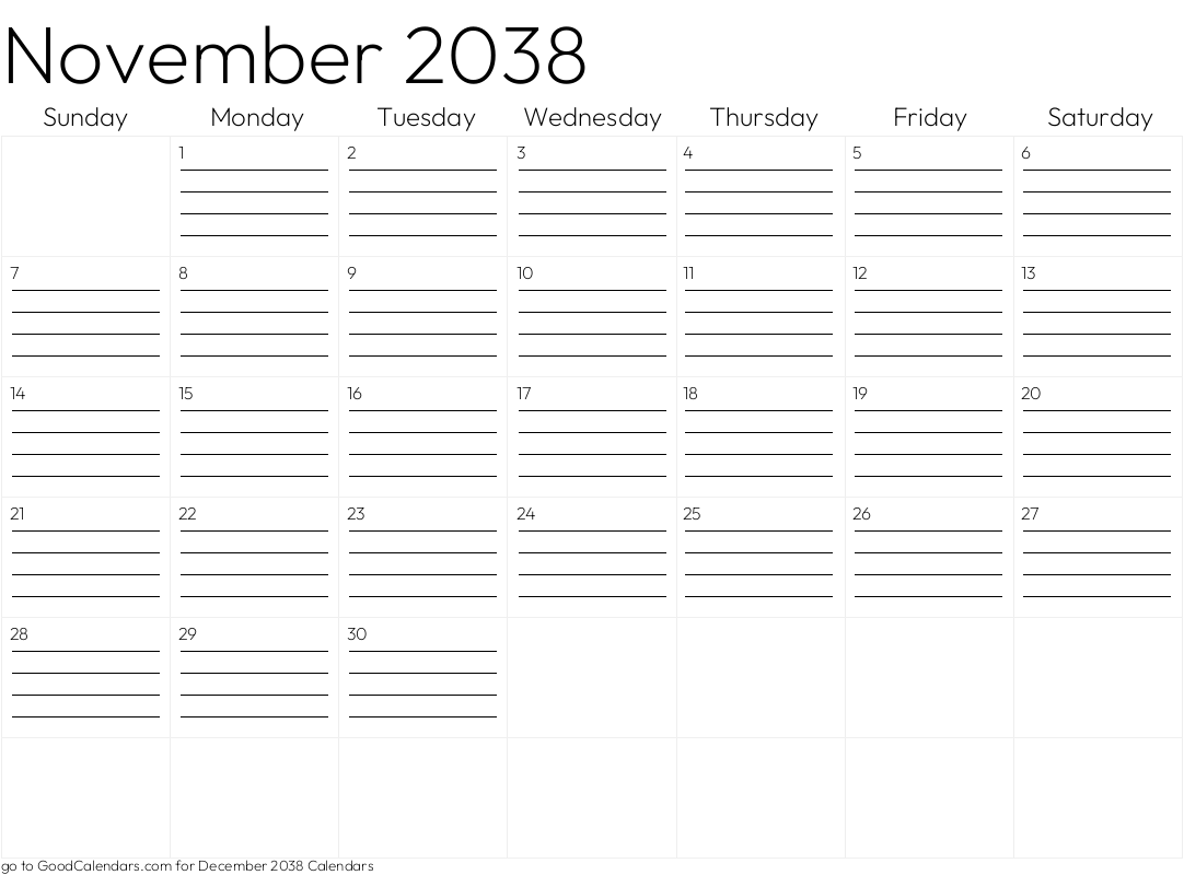 Lined November 2038 Calendar