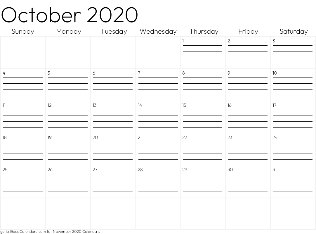 Lined October 2020 Calendar