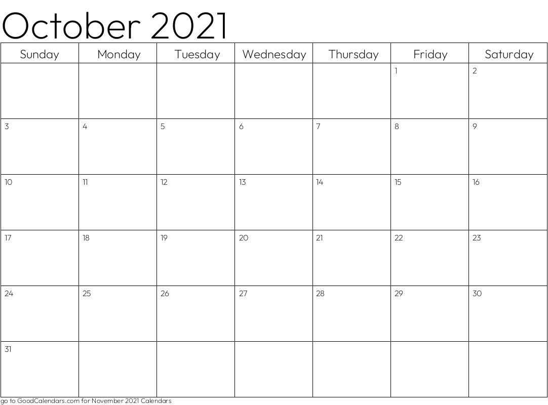 Standard October 2021 Calendar Template in Landscape