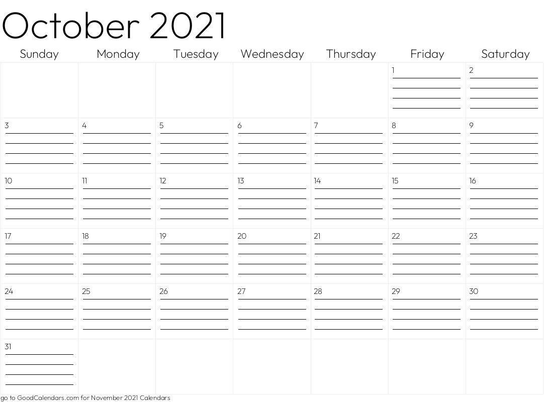 Lined October 2021 Calendar