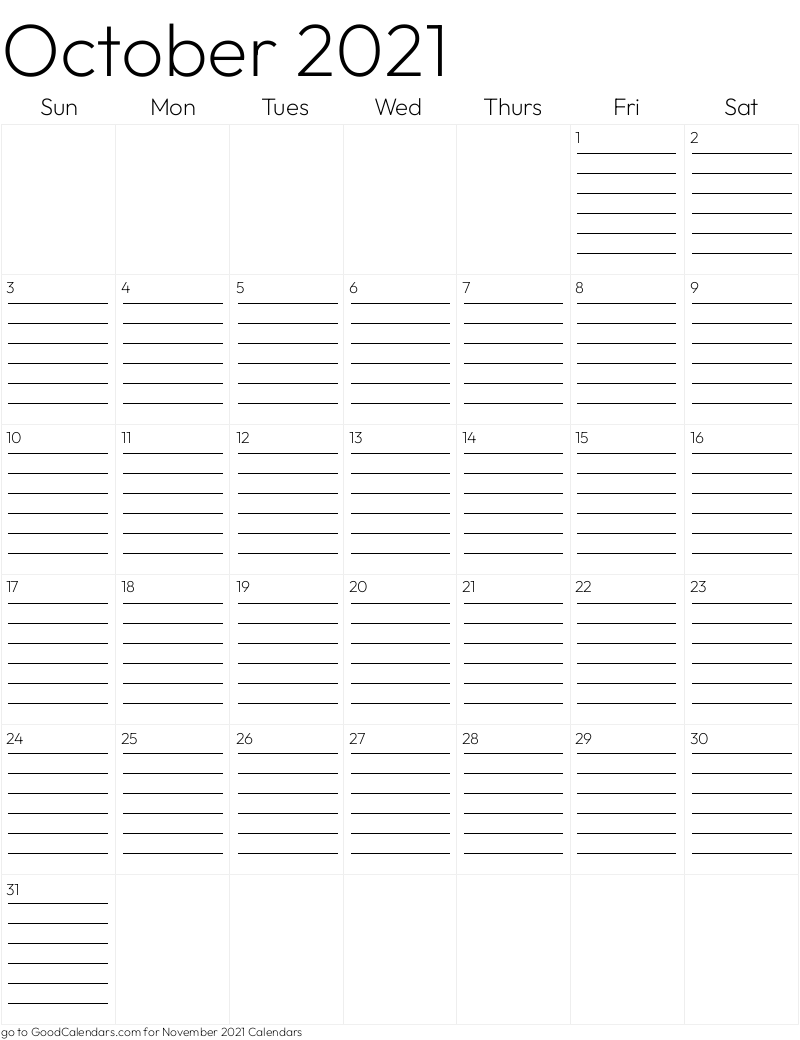 Lined October 2021 Calendar Template in Portrait