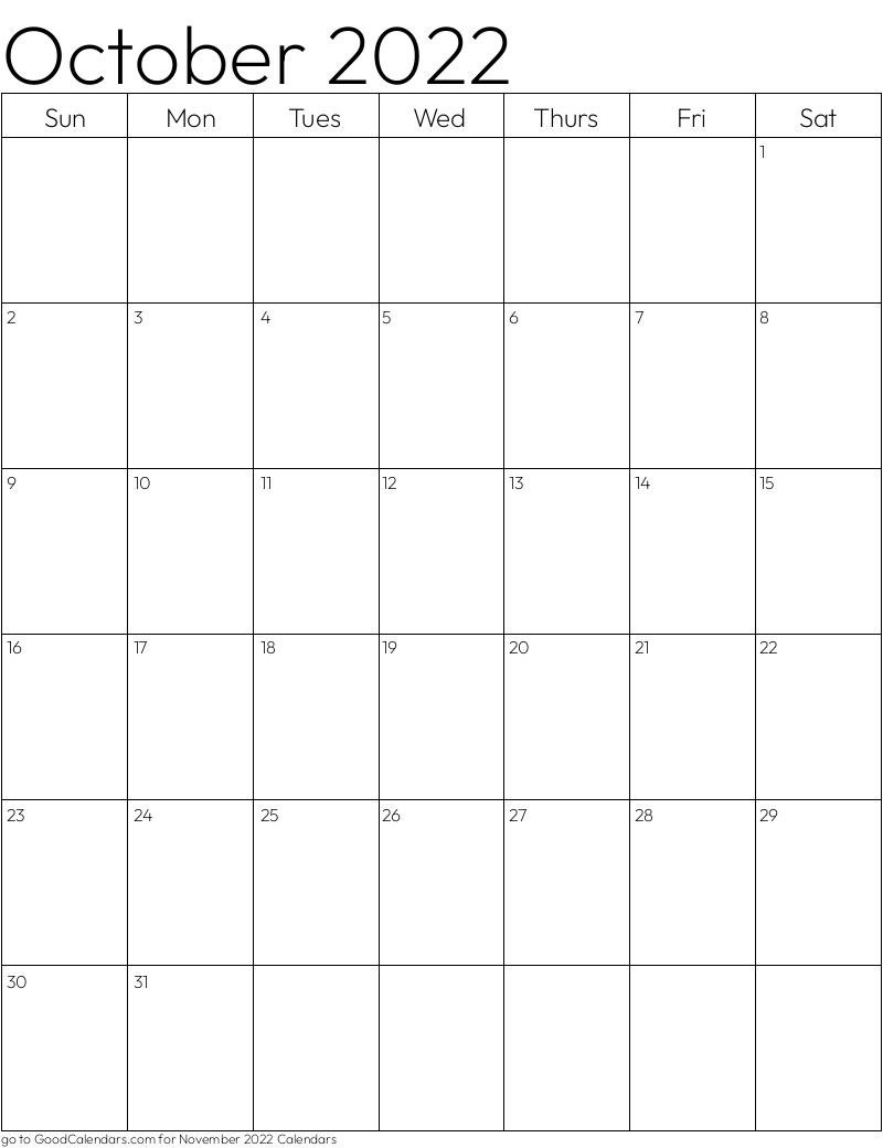 Standard October 2022 Calendar Template in Portrait