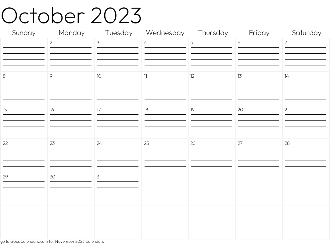 Lined October 2023 Calendar Template in Landscape