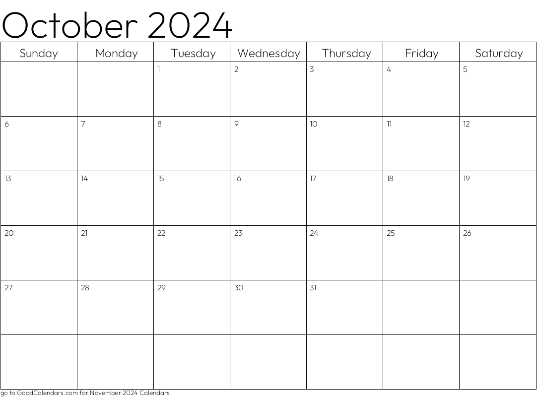 Standard October 2024 Calendar Template in Landscape