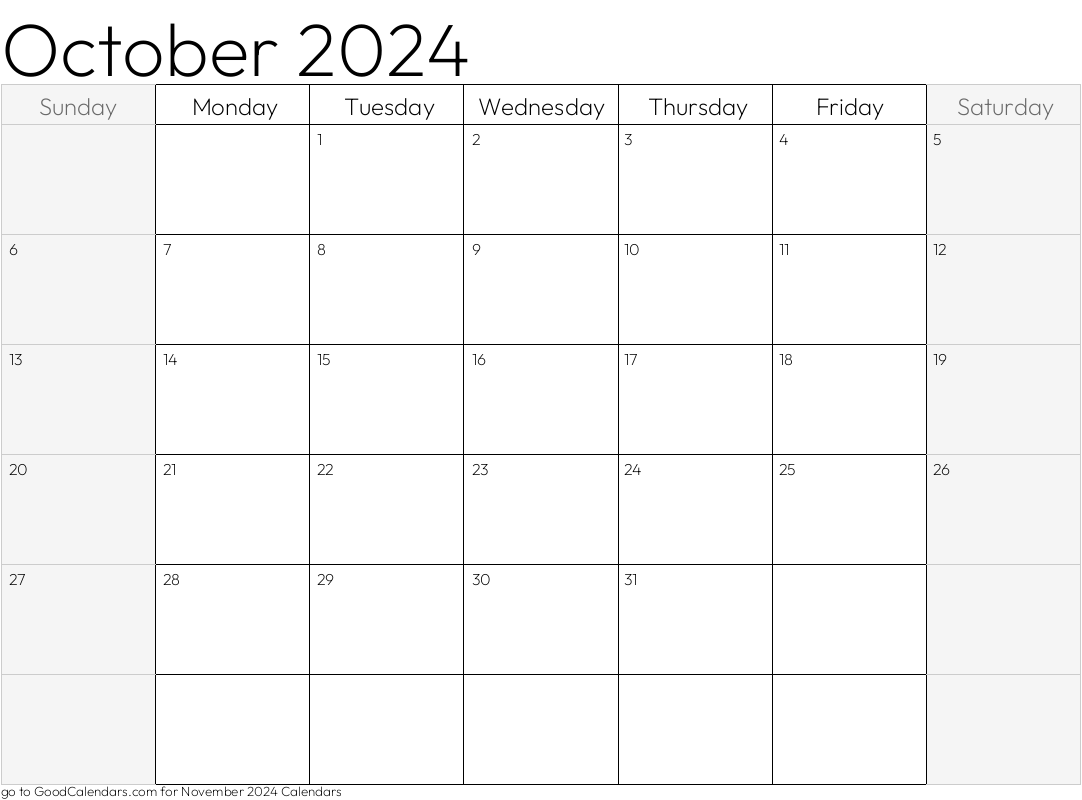 Shaded Weekends October 2024 Calendar Template in Landscape