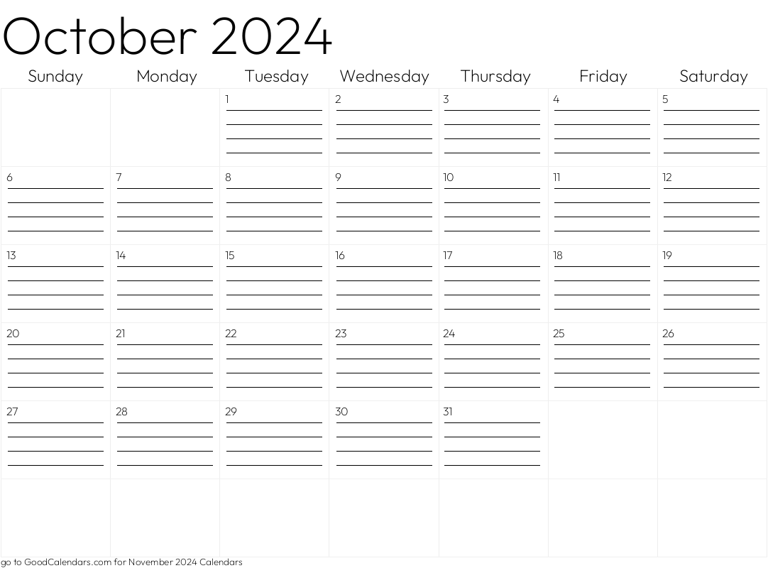 Lined October 2024 Calendar Template in Landscape