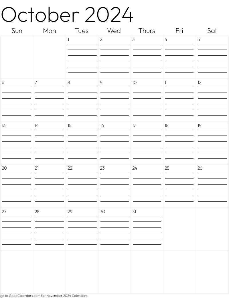 Lined October 2024 Calendar Template in Portrait