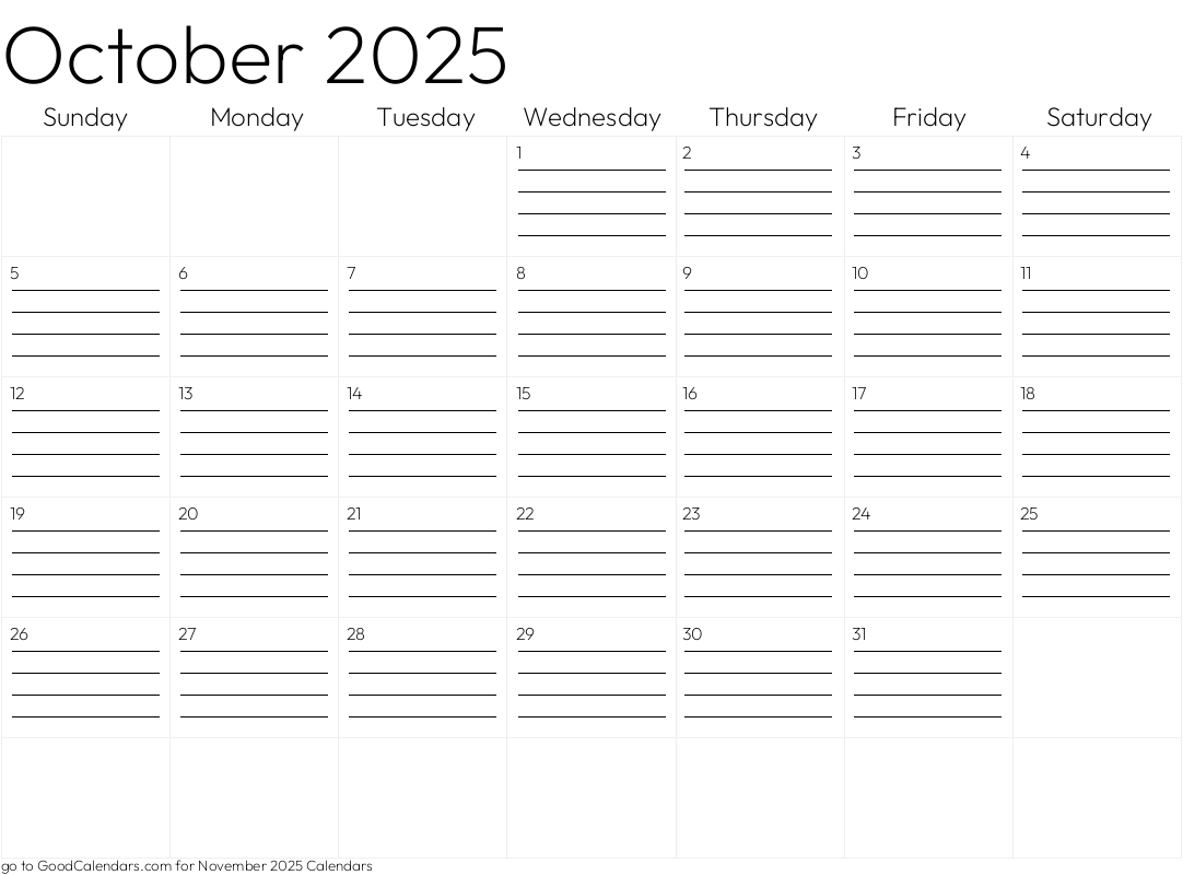 Lined October 2025 Calendar Template in Landscape
