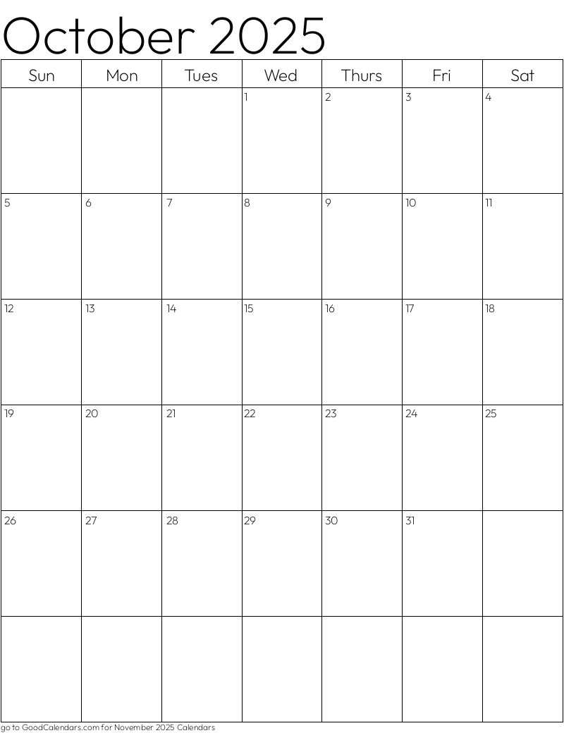 Standard October 2025 Calendar Template in Portrait